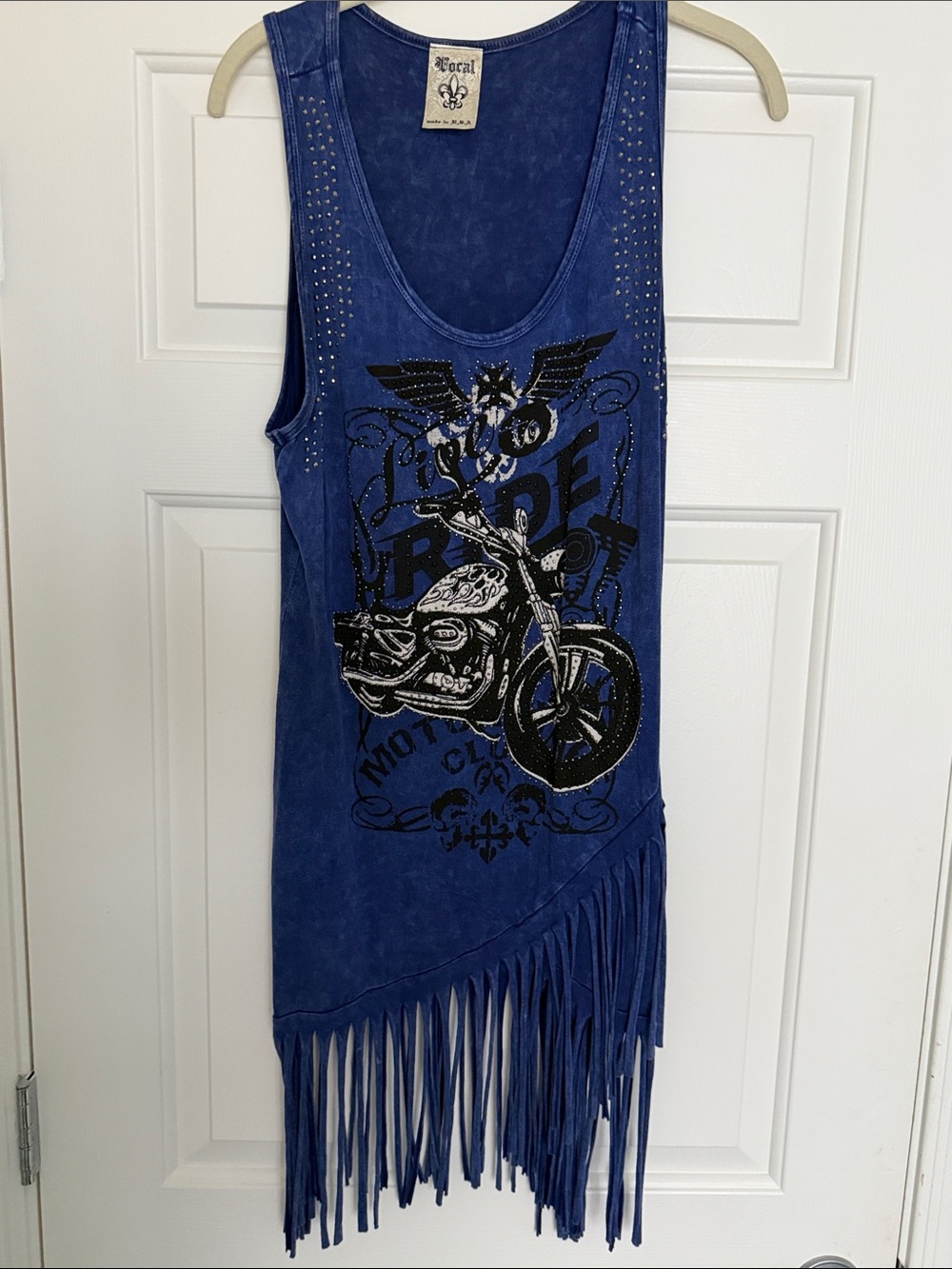 VOCAL new Blue Fringe dress, Motorcycle graphic, silver & black studs Size XL